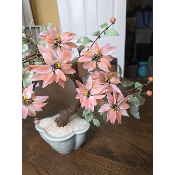 Vintage Chinese Glass Stone Jade Cherry Blossom Bonsai Tree Pink Flowers 14" - Picture 11 of 16